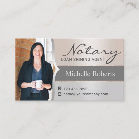 Notaris Lening Signing Agent Moderne Zilveren Foto Visitekaartje (Voorkant)