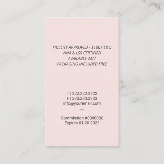 Notaris Lening Signing Agent  Quill Pen Blush Visitekaartje (Achterkant)