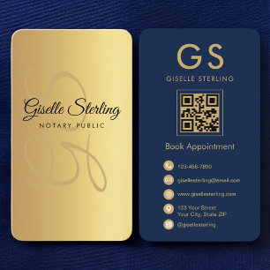 Notaris Public Gold Navy Blue QR Code Monogram Visitekaartje