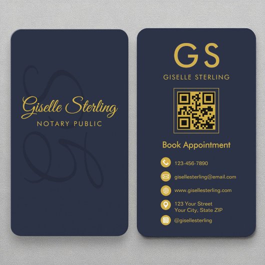 Notaris Publiek Monogram Marine Blauw Goud QR Code Visitekaartje