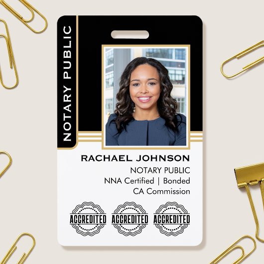 Notary Public Custom Photo Logo ID Black Gold Badge