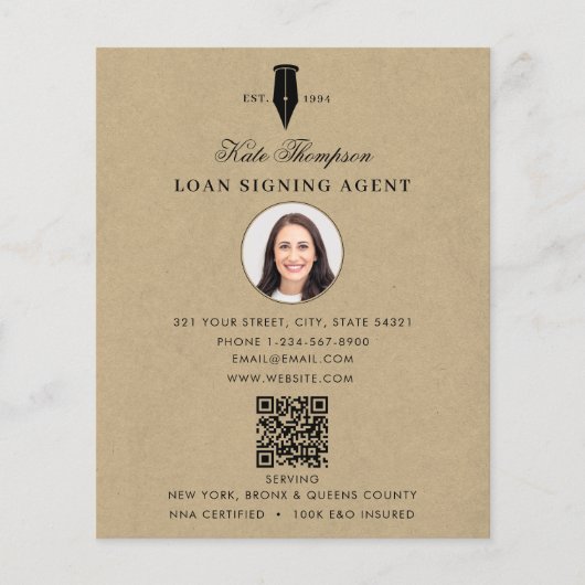 Notary Signing Agent QR Code Rustic Kraft Photo Flyer (Voorkant)
