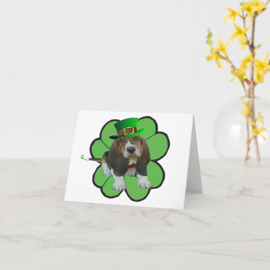 Note Carte Basset Hound Happy St.Patrick's Clover (Fleur jaune)