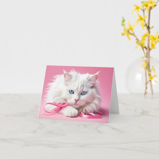 Note Carte Chat Blanc Avec Rubans (Fleur jaune)