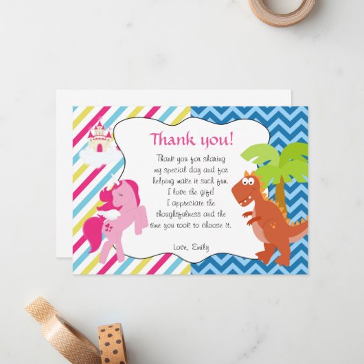 Note de Carte de remerciements Dinosaur Unicorn (Devant/Arrière en situation)