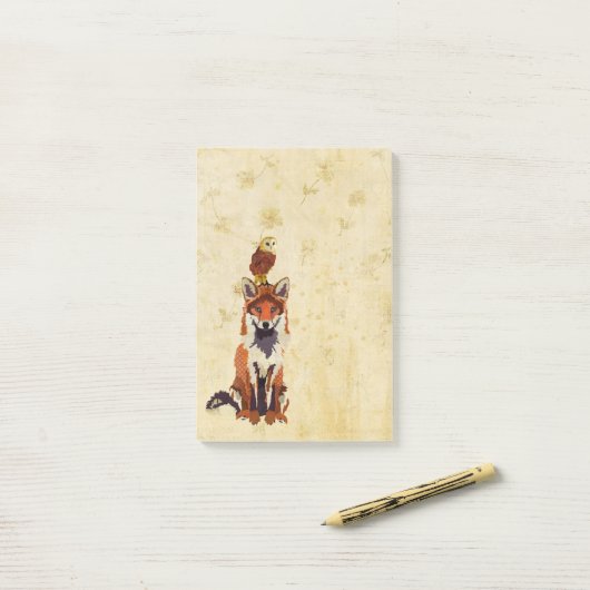 Note de post-it de Fox rouge et de hibou (Sur un bureau)