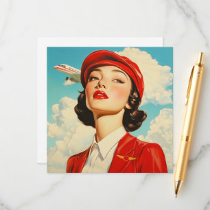  Note Kaart met stewardess en vliegtuig