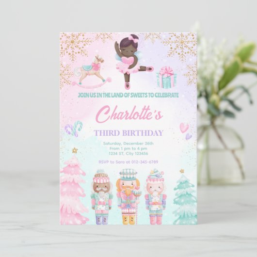 Notenkraker Land Van Snoepjes Fee Roze Uitnodiging (Staand voorkant)