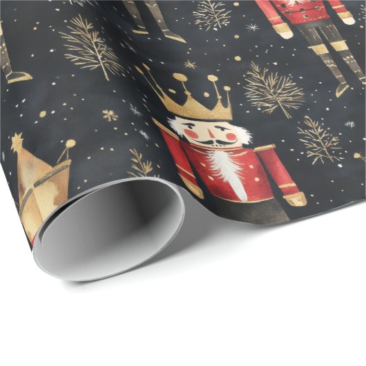 Notenkraker Waterverf Goud Rood & Zwart Kerst Cadeaupapier (Rol Hoek)