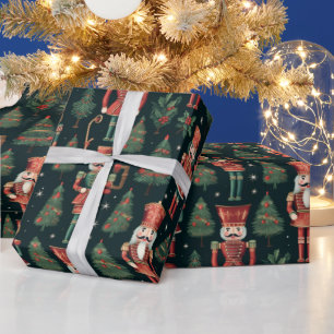 Notenkrakers en kerstbomen Zwart Kerstmis Cadeaupapier