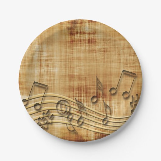 Notes de musique, assiette en papier marron abstra (Devant)
