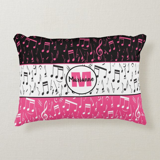 Notes de musique rose et blanc noir accent coussin (Devant)