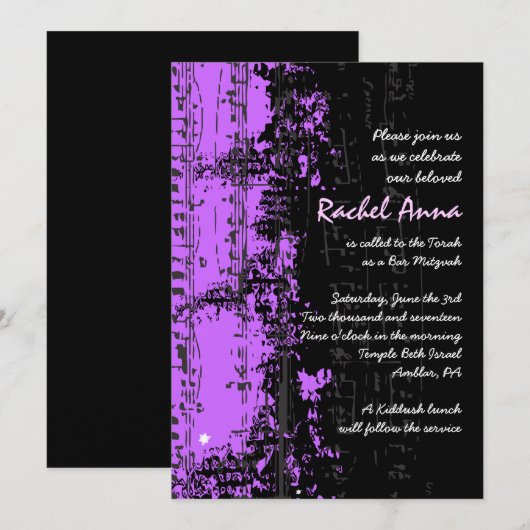 Notes de musique Stars Bat mitzvah Invitation viol (Devant / Derrière)
