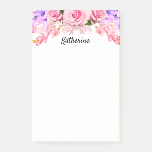 Notes de post-it florales de rose personnalisée (Devant)