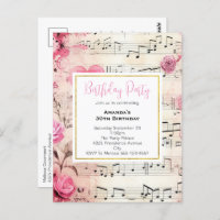 Notes musicales et Rose Vintage Invitation d'anniv