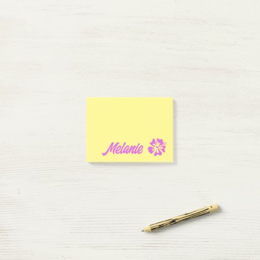 Notes Post-it® jaunes personnalisées avec fleur (Sur un bureau)