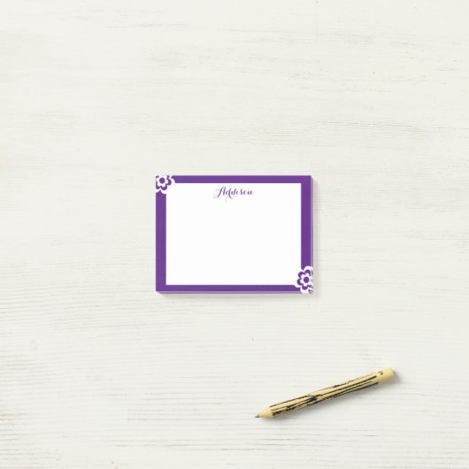 Notes post-it® personnalisées pourpres Fleur blanc (Sur un bureau)