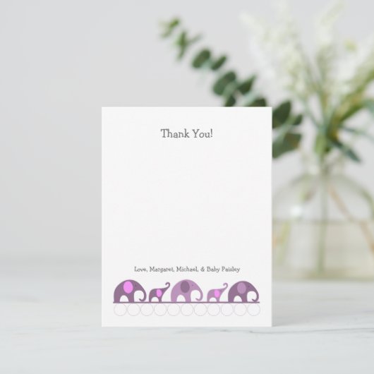 Notes pourpres de Merci de baby shower d'éléphant (Debout devant)