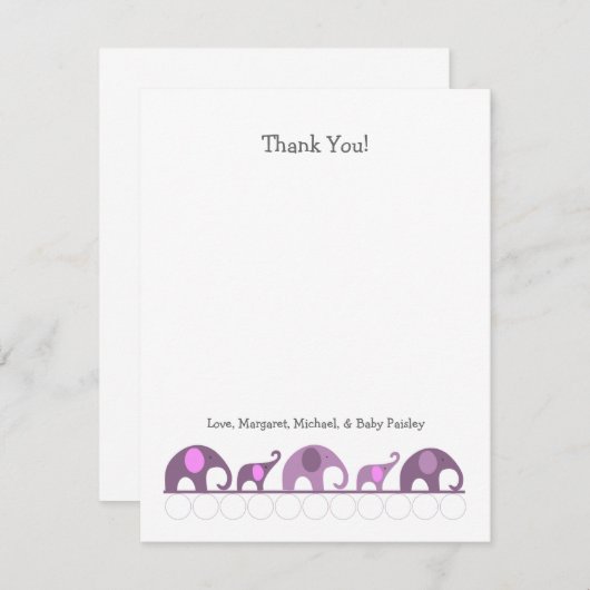 Notes pourpres de Merci de baby shower d'éléphant (Devant / Derrière)