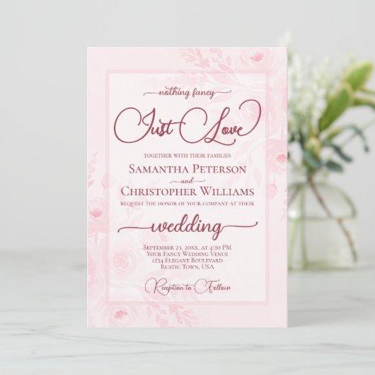Nothing Fancy Just Love Pink Peonies Boho Wedding Kaart (Staand voorkant)