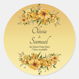 Notitie + Bruid & Bruidegom Namen Goud Gele Bloeme Ronde Sticker