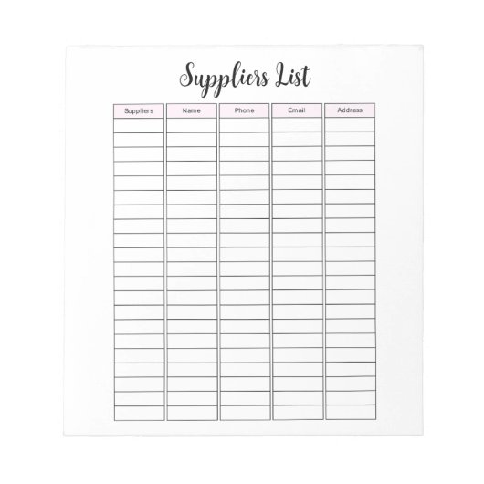Notitieblok van de leverancierslijst voor kleine b (Voorkant)
