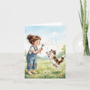 Notitiekaart meisje dat paardenbloempluizen blaast