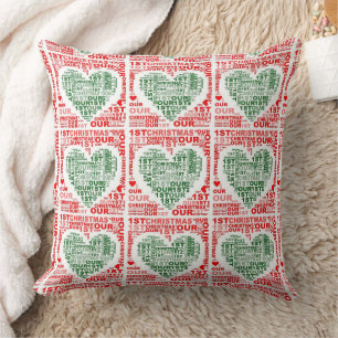 Notre 1er Noël Rouge Vert Coeur Coussin