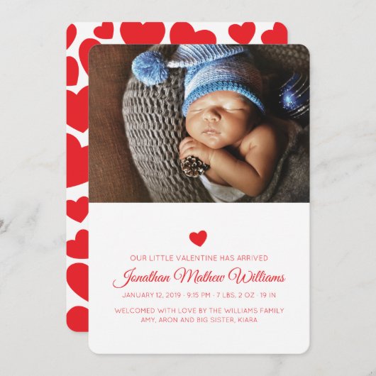Notre Faire-part de naissance de Coeurs rouges de (Devant / Derrière)