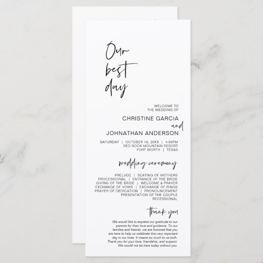 Notre meilleur jour, Programme de Mariage minimali (Devant / Derrière)