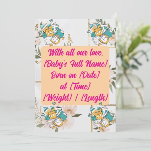 "Notre Offre de Joie est arrivée", carte Baby show (Debout devant)