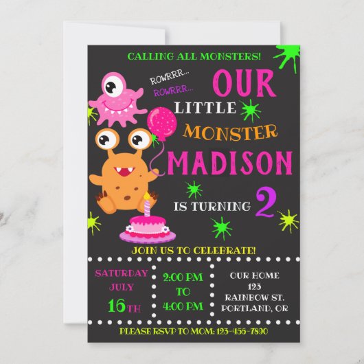 Notre petite invitation d'anniversaire monstre fil (Devant)