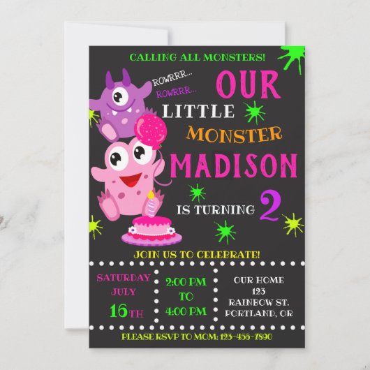 Notre petite invitation d'anniversaire monstre fil (Devant)