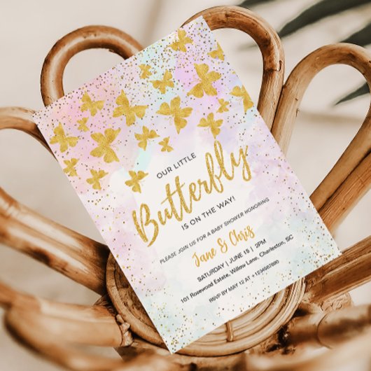 Notre petite papillon invitation pailletée or