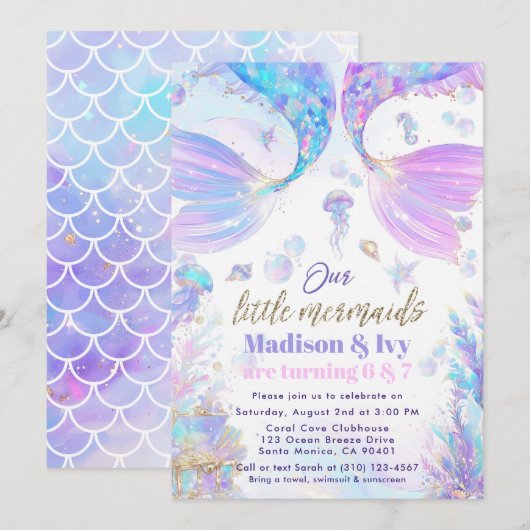 Notre Petite Sirène Invitation Anniversaire Commun (Devant / Derrière)