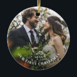 Notre premier ornement photo de Noël<br><div class="desc">Simple et élégant,  cette typographie moderne "notre premier Noël" ornement céramique est facile à personnaliser avec une photo préférée,  année et plus facile à modifier le texte.</div>
