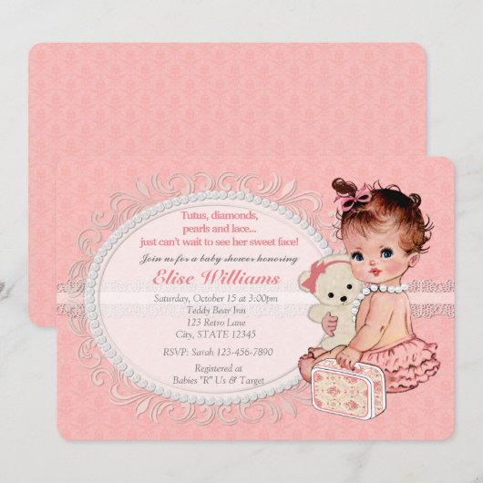Nounours vintage Girls Baby Shower Invitations (Devant / Derrière)