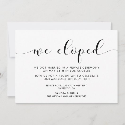 Nous avons elopé Elegant noir & blanc faire-part (Devant)