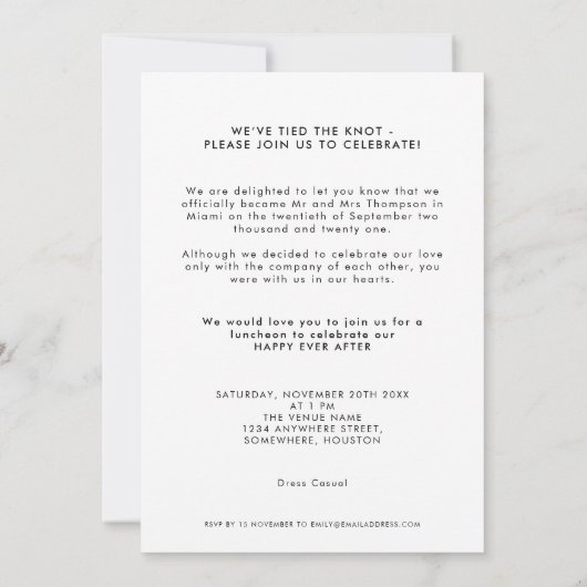 Nous Avons Elopé Faire-part Photo Invitation Texte (Dos)