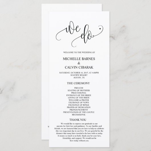 Nous faisons carte de programme de mariage dans le (Devant / Derrière)