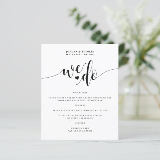 Nous Faisons Élégant Script Mariage Menu Réception (Debout devant)