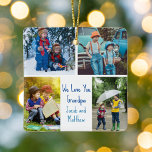 Nous t'aimons Grand-Père Custom Cute Kids Photo Co<br><div class="desc">Ce joli ornement de Noël recto-verso personnalisé présente une mise en page moderne de 4 photos de famille sur un arrière - plan blanc avec une typographie bleue lisant We Love You Grand-père. Ce beau cadeau photo pour petits-enfants comporte votre propre collage photographique entourant votre message et vos noms personnalisés....</div>