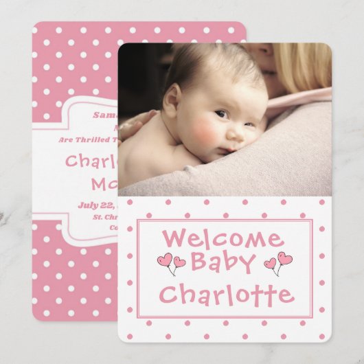 Nouveau bébé, Faire-part photo, Pink Polka-Point, (Devant / Derrière)