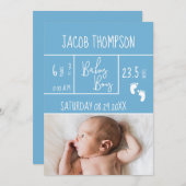 Nouveau Blue Baby Boy Faire-part de naissance stat (Devant / Derrière)