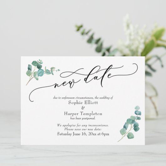 Nouveau Date Eucalyptus Reporté Faire-part Mariage (Debout devant)