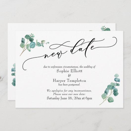 Nouveau Date Eucalyptus Reporté Faire-part Mariage (Devant / Derrière)