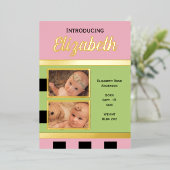 Nouveau faire-part bébé rose feuille d'or carte pl (Debout devant)