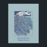 Nouveau Faire-part de mariage de Peacock<br><div class="desc">Cette invitation colorée présente un design Art Nouveau Peacock (c. 1895), dans les tons bleus, aquamarins et turquoise. Sur le devant, un modèle pour le nom et la date du mariage de la mariée et de la chambre, ou toute autre inscription. Au contraire, une répétition opaque du motif Peacock et...</div>