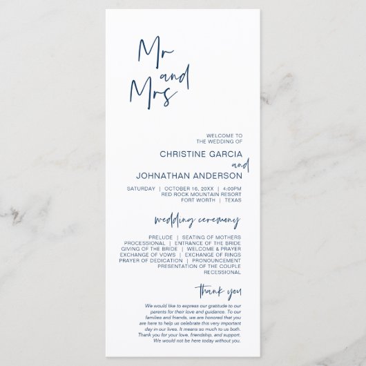 Nouveau M. et Mme, Programme de mariage bleu moder (Devant)