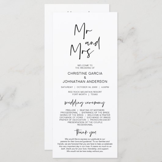 Nouveau M. et Mme, Programme de mariage minimalist (Devant / Derrière)
